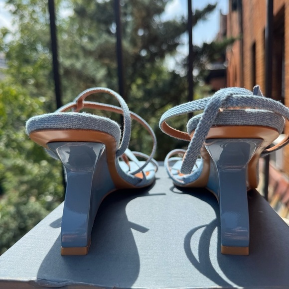 New Reformation Emilia Wedge Sandals Heels Shoes Denim Blue Open Toe 10.5